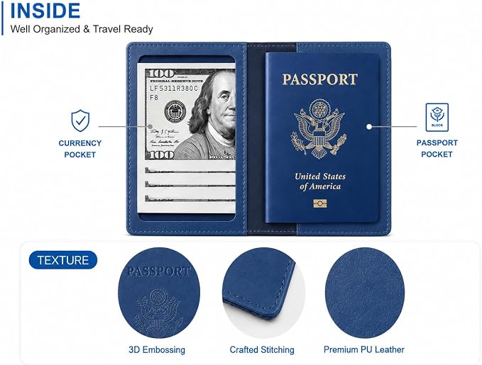 Ciana Passport Holder for Travel, RFID Passport Wallet, Leather Passport Cover & Card Holder for Men & Women, Slim Travel Wallet, Passport Case (Light Blue)