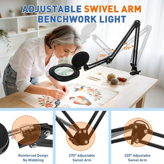 HITTI 30X 12X Long Magnifying Glass with Light and Clamp, 5-Inch Large Real Glass, 5 Color Modes, Stepless Dimmable, Hands Free LED Lighted Magnifier Stand for Workbench, Craft, Jewelry Making
