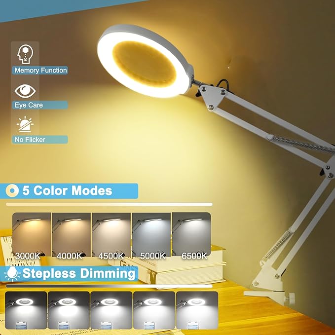 10X Magnifying Glass with Light and Clamp, Real Glass Stand Lighted Magnifier, 5 Color Modes Stepless Dimmable LED Desk Lamp Hands Free for Crafts Hobby Reading Painting Sewing Close Work White