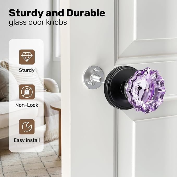 Purple Glass Dummy Door Knobs, Crystal Door Knob Single Side | Non-Turning Matte Black Interior Door Knobs for Hall, Closet, Pantry-2 Pack