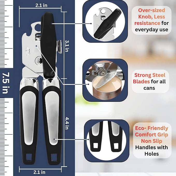 Can Opener Heavy Duty, Smooth Edge Safe Cut, Easy Grip Stainless Steel Can Openers for Seniors, Kitchen Tool, Manual Rotary Can Opener