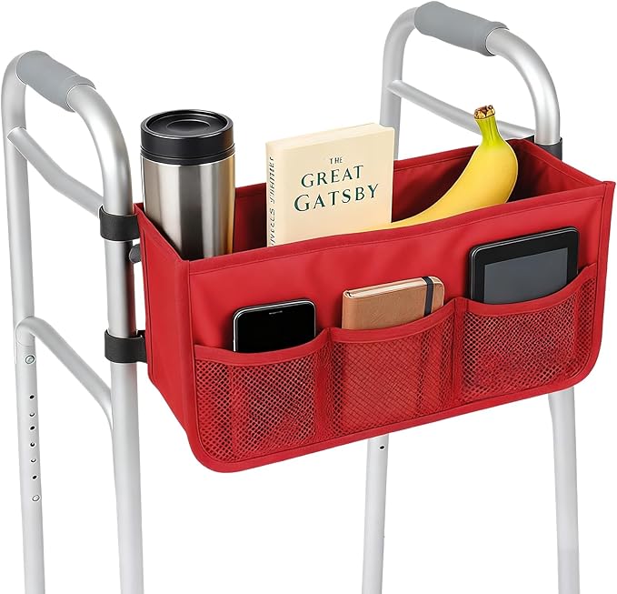 Walker Basket - Foldable Walker Bag with Cup Holder - Fits Folding Walkers - Ideal Walker Accessories for Seniors with Limited Mobility to Carry Water Bottles, Books, Essentials & More (Red)