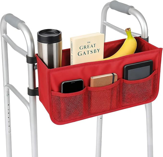 Walker Basket - Foldable Walker Bag with Cup Holder - Fits Folding Walkers - Ideal Walker Accessories for Seniors with Limited Mobility to Carry Water Bottles, Books, Essentials & More (Red)