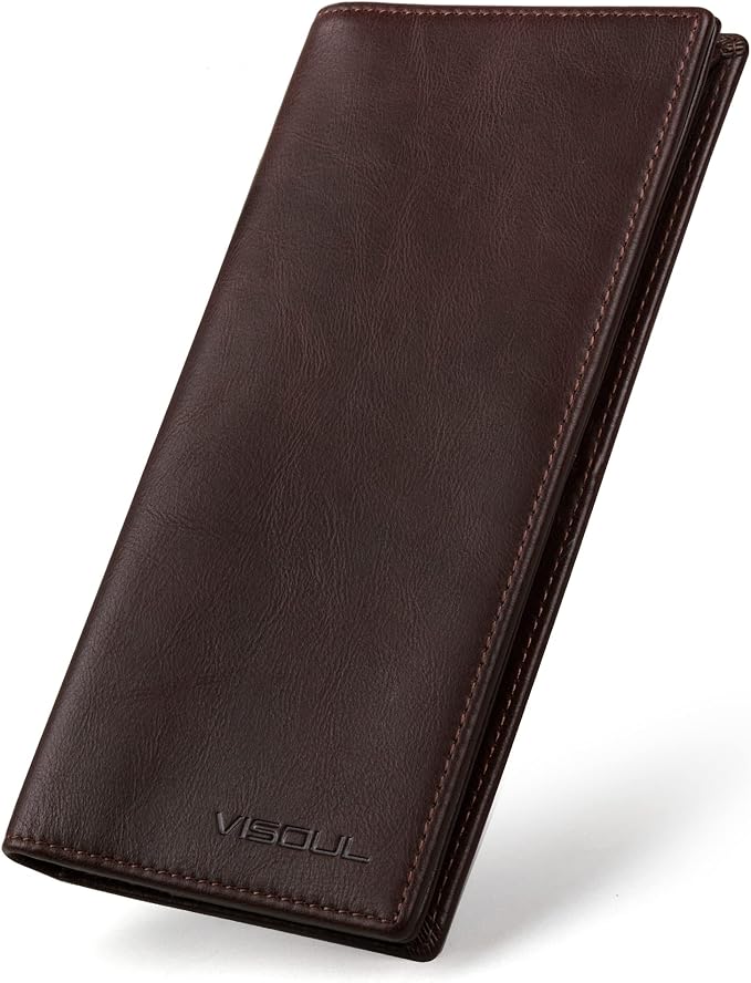 VISOUL Leather Checkbook Cover Wallet for Men with RFID Blocking, Mens Long Bifold Cash Tall Wallet with 11 Credit Card Slots 1 ID Window (Coffee)