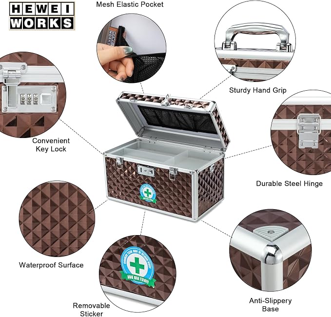Storage Box with Key Lock, Lockable Medicine Storage Box, Empty First Aid Box, Security Lock Box, Multipurpose Locking Box for Home and Outdoor Use (Coffee, X-Large)