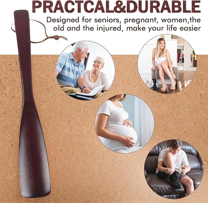 Wooden Shoe Horn Lifter 15.75 Inch Long Handle Ergonomic Shoe Helper for Men Women Seniors Home Office