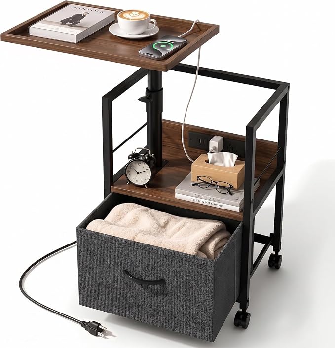 Faesun Swivel Lift Top Nightstand with Charging Station, Rolling Night Stand with Fabric Drawer, Adjustable Bedside Table for Bedroom, Living Room, Walnut Gray, Pro