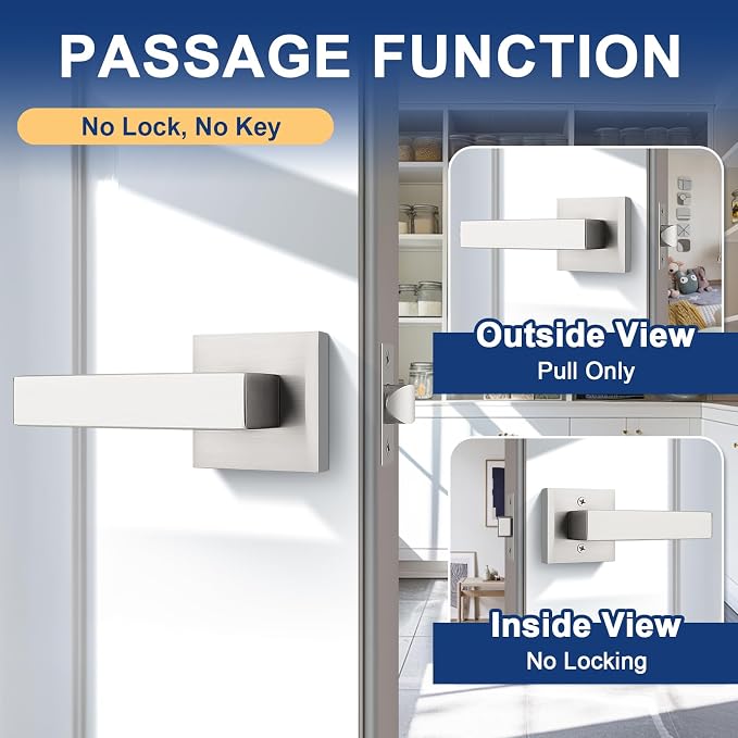 KNOBWELL 20 Pack Heavy Duty Square Door Handle Brushed Nickel Lever Door Handle Closet Hallway Bulk Passage Door Knobs(No Lock)