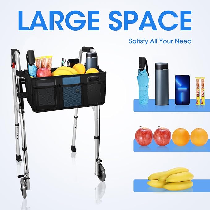 Dotday Upgraded Walker Basket with Cup Holder, Foldable Walker Bag | Basket for Walker for Senior, Walker Accessories for Folding Walker, Large Capacity, Never Tipping Over, Not Fit for Rollator