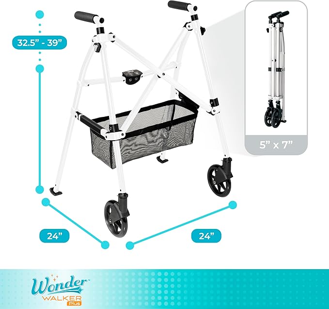 Stander Wonder Walker Plus, Lightweight Folding Mobility Aid for Adults, Seniors, and Elderly, Collapsible Travel EZ Fold-N-Go with Wheels, Glides, & Basket, Vivid White