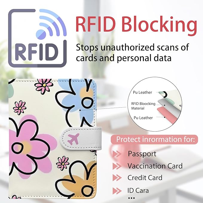 Passport Holder, Cute Travel Wallet Cover with RFID Blocking,flower | PU leather travel wallet with magnetic closure, card slots, pen loop, and easy access for passports and essentials.
