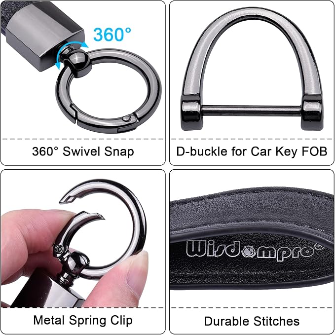 Wisdompro Genuine Leather Car Keychain, Universal Key Fob Keychain | Leather Car FOB Key Chain Holder for Men and Women, 360 Degree Rotatable, with Anti-lost D-ring and 3 Keyrings