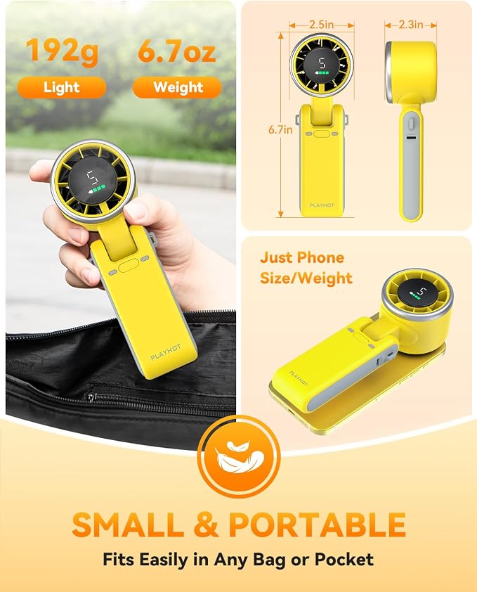 PlayHot Portable Handheld Turbo Fan, Travel Essentials, Gifts for Women/Men | 5-Speed, Up to 12H, 10m/s Airflow, USB-C Rechargeable, LED Display, 3-in-1 Foldable Personal Fan for Cruise, Beach, Vacation