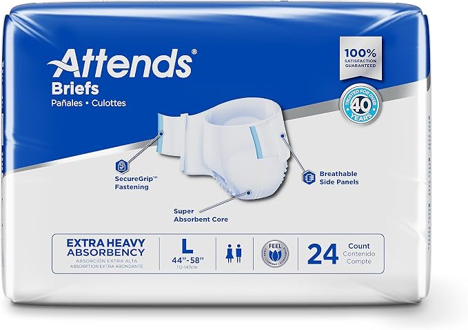 Attends Adult Incontinence Disposable Briefs, Large, 44"-58" Waist with SecureGrip Tab Closure, Extra Heavy Absorbency with Super Absorbent Core and Breathable Side Panels, 72ct Case