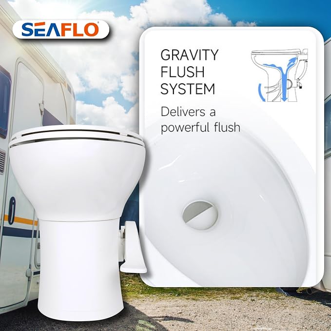 SEAFLO Porcelain RV Toilet with Sprayer Attachment - Elongated Bowl 19” Inch Residential Height, Gravity Flush, Foot Pedal Soft Close Seat Camper Motorhome Easy Install 4 -year Warranty SFRTCH-02-02