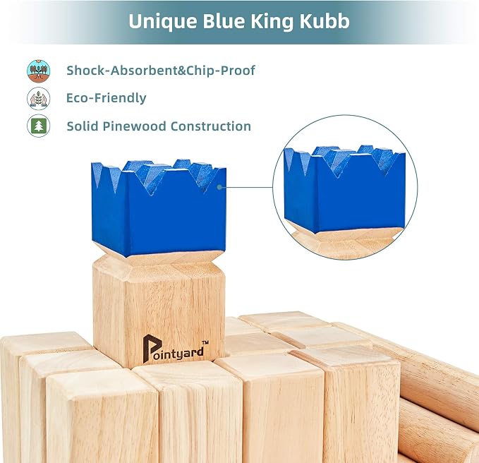 Kubb Yard Game Set Viking Chess Outdoor Hevea Hardwood Toss Game for Adults & Families - with 10 Blocks, 6 Batons, Carrying Bag | Perfect for Backyard Lawn Beach Party BBQ Camping