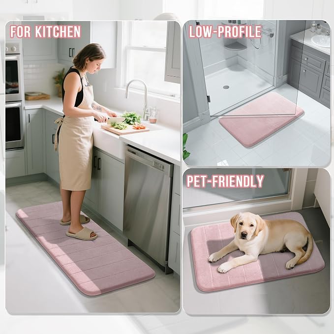 Yimobra Pink Bath Mat, Super Soft Absorbent Memory Foam Bathroom Rug Non Slip, Quick Dry, Machine Washable Floor Carpet for Tub Shower, Home Decor Accessories, 24x17