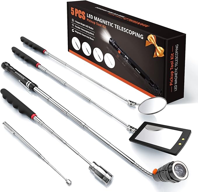 Telescoping Magnetic Pickup Tool Set with 1 & 15 lb Pick Up Sticks, Round and Square 360 Adjustable Inspection Mirror and Flexible LED Flashlight, Birthday Gifts for Men, Dad