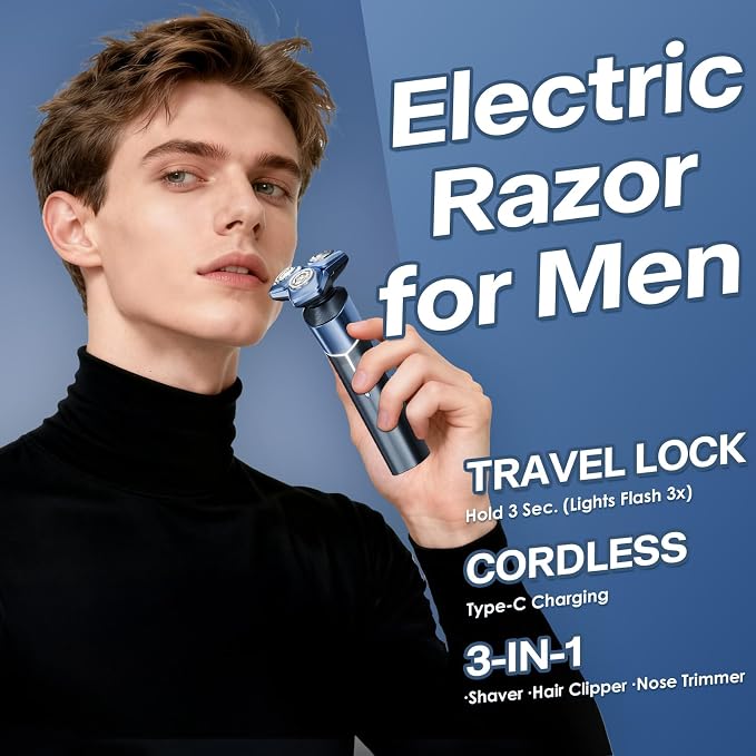 Electric Razor for Men: 3-in-1 Shaver with Hair Clipper and Nose Hair Trimmer, 10000 RPM High Speed Motor, 3D Floating Heads, USB-C Fast Charging, IPX8 Waterproof, Travel Lock, Gifts for Father
