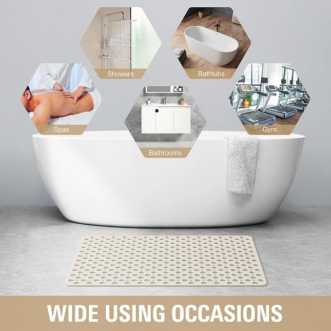 OTHWAY Large Shower Mat, 35"x 24" TPE Anti Slip Shower Mat, Heavy Bath Mats for Shower with Drain Holes Suction Cups, Shower Stall Mat for Bathroom, No Odor Shower Grip Mat for Elderly Kids(W-White)