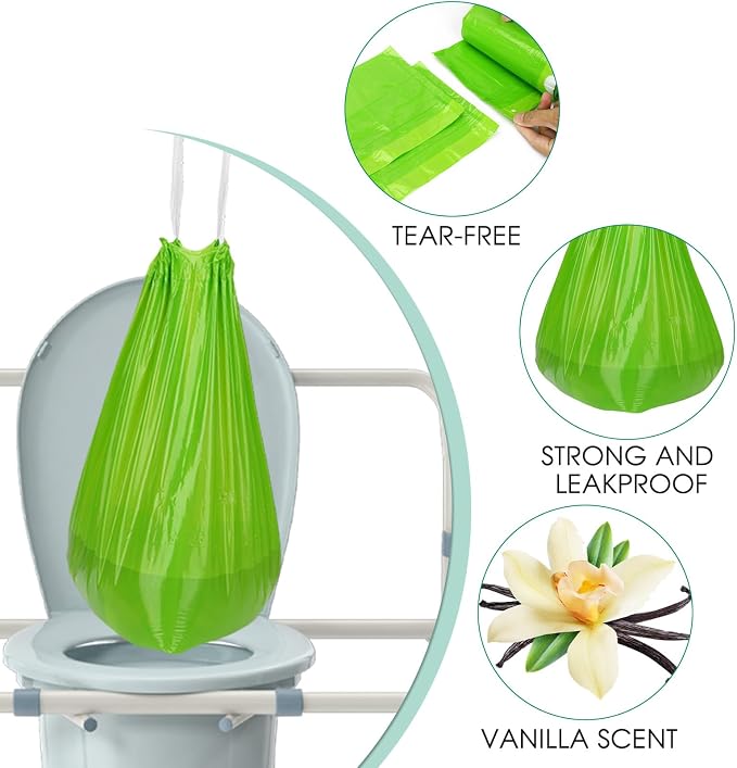 Commode Liners with Absorbent Pad, Universal Fit for Commode/Camping Toilet | 50Bags+50Pads, Leakproof, Drawstring Closure for Easy Disposal, 1000ml Absorbency, Versatile for Seniors Home Care, RV Trip