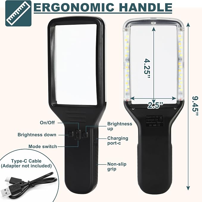15X Rechargeable Magnifying Glass with Light, Real Glass Page Lens, 3 Color Modes Stepless Dimmable, Lighted Handheld Magnifier for Reading Small Prints, Seniors with Macular Degeneration & Low Vision