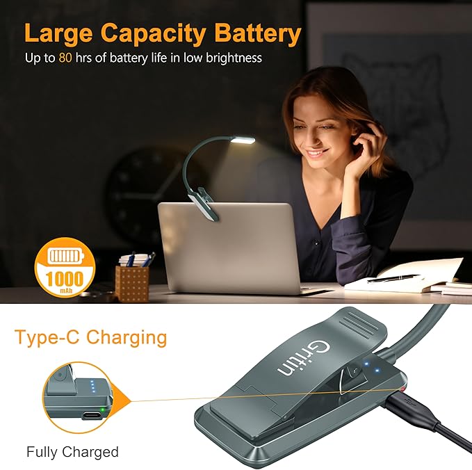 Gritin 9 LED Rechargeable Book Light for Reading in Bed - Eye Caring 3 Color Temperatures,Stepless Dimming Brightness,80 Hrs Runtime Small Lightweight Clip On Book Reading Light-Pacific Blue