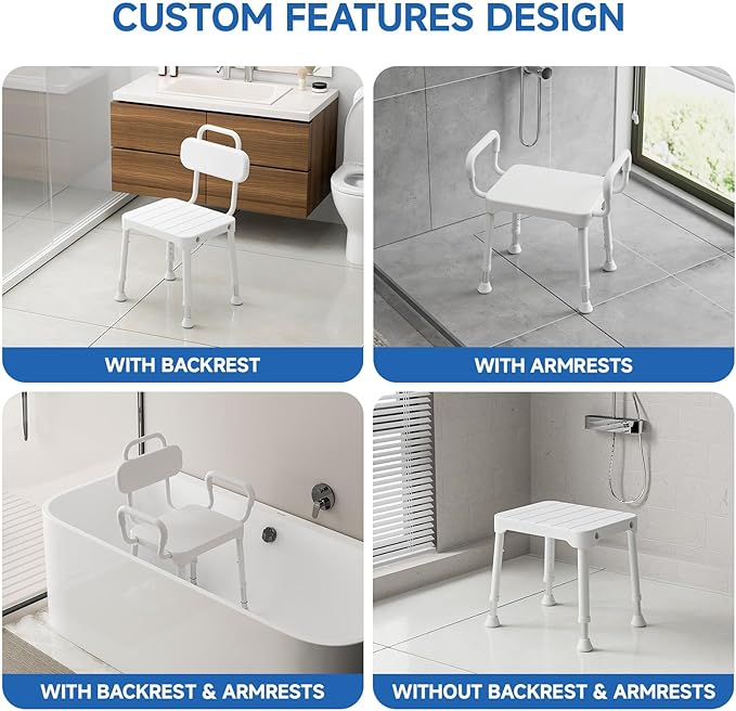 Shower Chair for Inside Shower,Bath Chair with Arms and Back,Aluminum Shower Stool for Tub,Slip Resistant Shower Bench,Height-Adjustable Shower Seat with Handles for Seniors,Neutral Gray