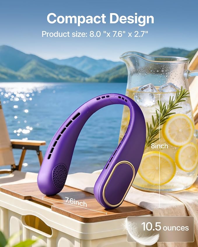 SHEWIND Portable Neck Fan - 5000mAh Rechargeable Hands-Free Wearable Fan | 4 Speeds, Bladeless & LED Display | Personal Cooling Fan for Travel, Outdoors, Camping - Purple