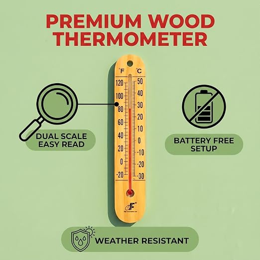 Large 10.5 Inch Vertical Wooden Thermometer | Indoor & Outdoor Use, -20°F to 120°F/-30°C to 50°C, Battery-Free, Weatherproof, Easy to Read & Ready to Hang