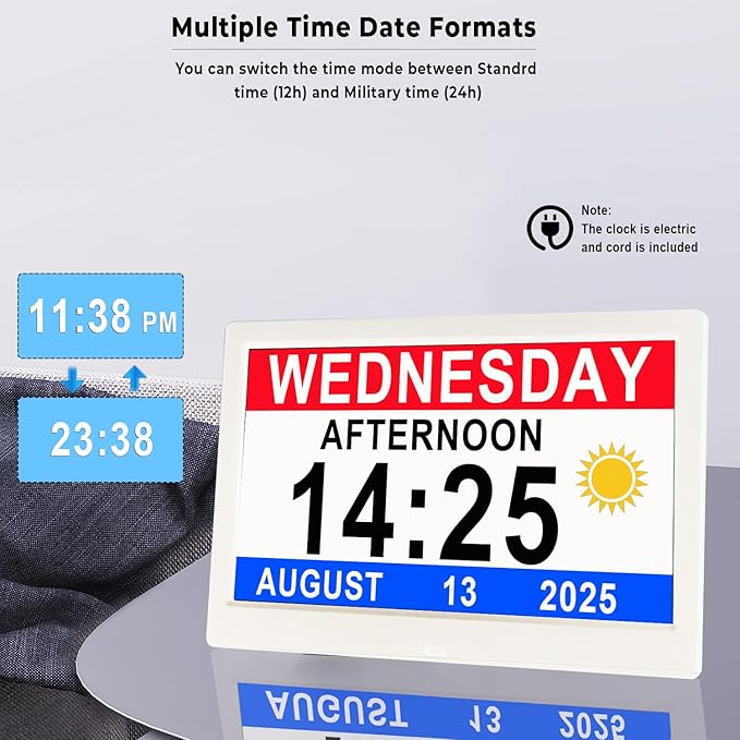 11.5 Inch Extra Large Digital Talking Clock with 19 Alarms, Auto DST, Talking Time, 20 Custom Reminders, 10-Level Auto Dimmer, Day Date Calendar Clock for Seniors Dementia Alzheimers', with Remote