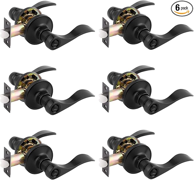 Gobrico 6 Pack Privacy Matte Black Door Levers, Interior Keyless Handles for Bedroom Bathroom, Reversible Wave/Drop Style Door Knobs