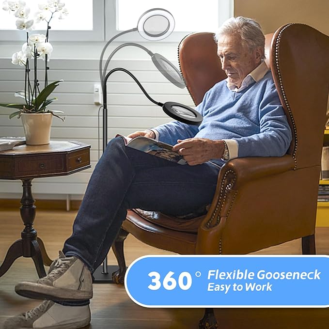 10X 30X Floor Magnifying Glass with Light and Stand, 72 LED Floor Magnifying Lamp, 3 Color Modes 10 Stepless Dimmable Floor Magnifiers for Reading, Sewing, Crafts, Painting, DIY, Close Work Black