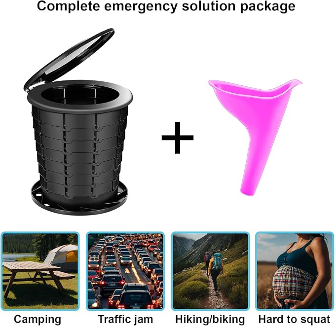 Retractable Camping Toilet with Female Urinal | Adjustable Height Portable Toilet for Adults and Kids | Portable Potty, Camp Toilet, Travel Toilet Set, Black