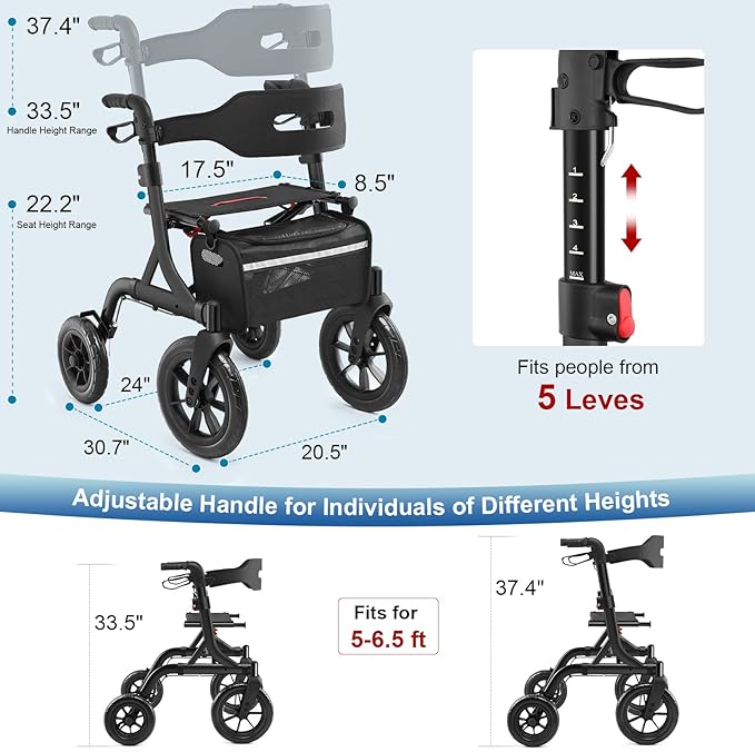 Walkers for Seniors, Rollator Walker with Seat, 12" Big Rubber Wheels All Terrain Rollator Walker with Backrest, Built-in Cable, Cup Holder, Foldable and Height Adjustment for Seniors, Black