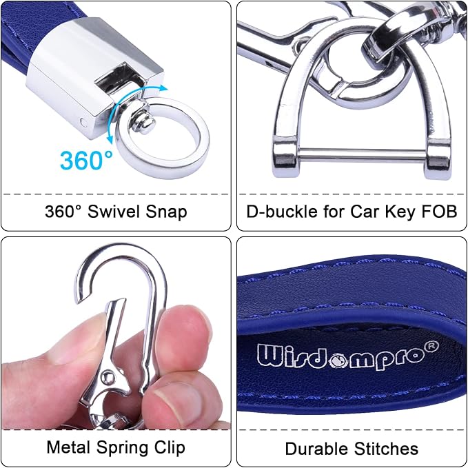 Wisdompro Genuine Leather Car Keychain, Universal Key Fob Keychain | Leather Car FOB Key Chain Holder for Men and Women, 360 Degree Rotatable, with Anti-lost D-ring and 3 Keyrings