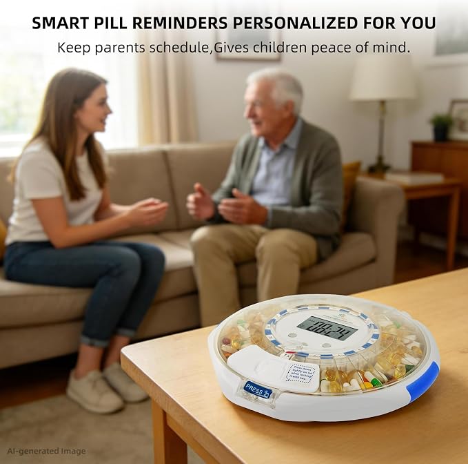 Senyerkare Automatic Pill Dispenser with Lock & Alert for Seniors/Dementia | Sound-Light Reminder, Up to 6 Alarms/Day, Medication Organizer with Clear Lid & LCD Display for Elderly, Caregivers