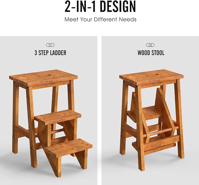 Costzon Folding 3 Step Stool, 3 in 1 Wooden Step Ladder with Handle, Non-Slip Pedal, Multifunctional Storage Shelf, Flower Rack for Kitchen, Library, Garage, Foldable Step Stool for Adults Kids
