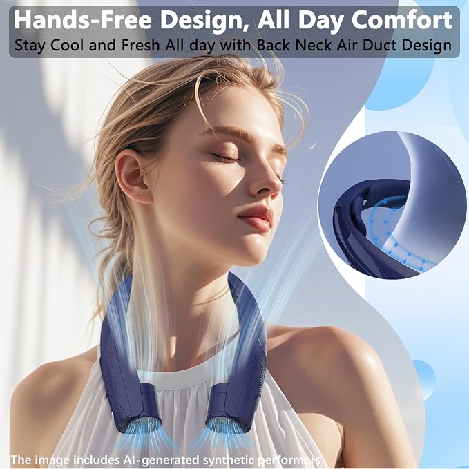 Neck Fan, 6000mAh USB Rechargeable Hands Free Personal Fan, 6 Speeds Adjustable Portable Neck Fans, Faster Cooling Wearable Fan, Ultra Quiet for Outdoor, Travel, Home, Office - Navy Blue
