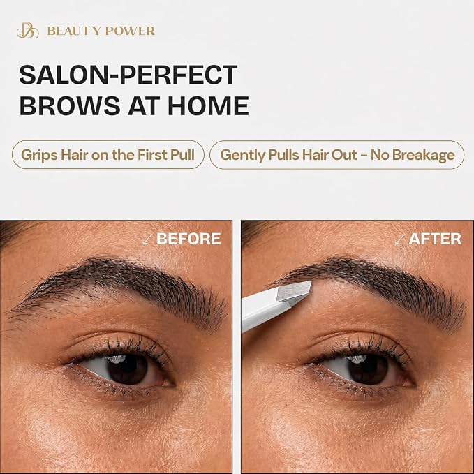 Beauty Power Slant Tip Precision Tweezers - Stainless Steel Eyebrow Tweezers for Women & Men - Precision Tweezers for Facial Hair, Ingrown Hair & Brow Shaping - Professional Beauty Tool (White)