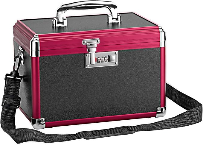 Medicine Lock Box with Combination Lock - 12" Hard Case First Aid Safe Medication Storage with Removable Tray & Pockets for Pills, Home, Car & Outdoor - Black Red