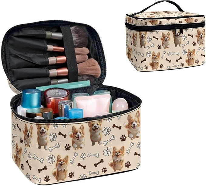 Cartoon Corgi Dogs Travel Makeup Bag for Women, Kawaii Puppy Paws Large Capacity Makeup Bag Zipper Multi-function Cosmetic Travel Bag, Brown