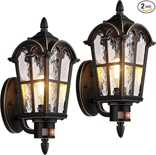 2-Pack 16” Large Motion Sensor Outdoor Wall Lights, Black & Gold | Auto ON/OFF, 3 Lighting Modes, Waterproof, Rust-Resistant, Durable Metal & Water Ripple Glass, Vintage Style, Easy to Install