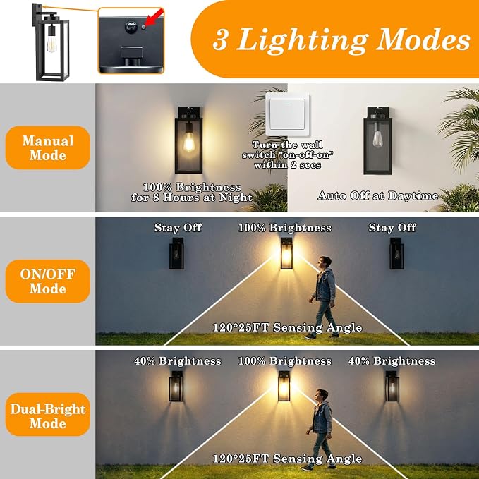 15" Large Upgraded Motion Sensor Outdoor Wall Lights, Matte Black | 3 Lighting Modes, Rust-Resistant, Quick & Easy Installation, Waterproof & Weatherproof, Thick Clear Glass & Durable Metal
