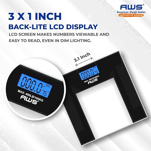 AWS Digital Bathroom Scale 400 lb Capacity | Clear Tempered Glass Body Weight Scale with Large Display | Low-Profile Modern Design, High Accuracy & Step-On Technology