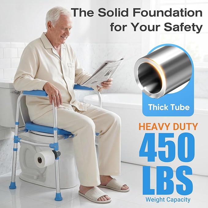 Heavy Duty Toilet Seat Riser for Seniors, Anti-Wobble Standalone Raised Toilet Seat with Handles, Adjustable Padded Commode Safety Frame for Bariatric, Handicap & Surgery Recovery