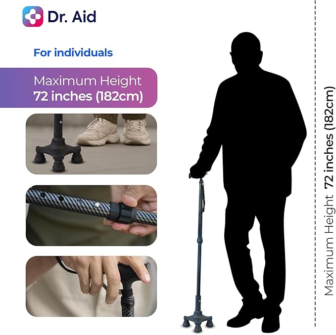 Dr. Aid Tripod and fourpod Walking Cane for Men & Women Premium Carbon Fiber Black Cane Adjustable Heavy-Duty 3 or 4-pronged Walking Stick for Seniors, Supports 400 lbs