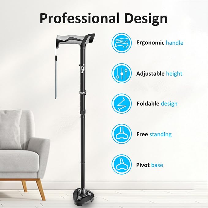healthbazaar Walking Cane for Men & Women - Self Standing Pivot Cane, Adjustable, Foldable Walking Sticks for Seniors & Adults with Wrist Strap, Travel Bag | TRIGRIP