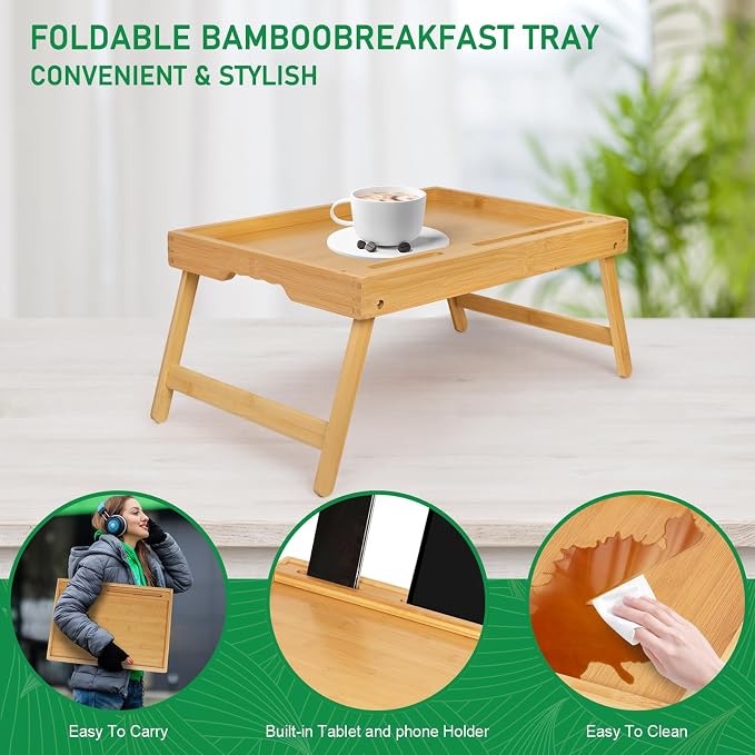 Artmeer X-Large Bamboo Bed Tray with Device Slot and Folding Legs, Bamboo | X-large FSC-certified bamboo bed tray with device slot, folding legs and extra space for meals, laptops and reading in bed.