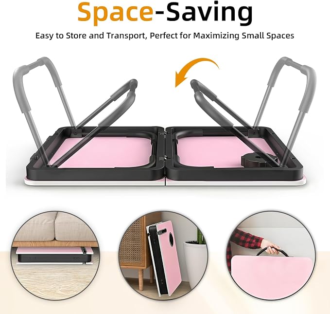 BUYIFY 23.4" Foldable Lap Desk Bed Table with Cup Holder Portable Tray | Folds Flat for Easy Storage, No Assembly Laptop Bed Desk, Sturdy and Lightweight, Patent Design,Pink